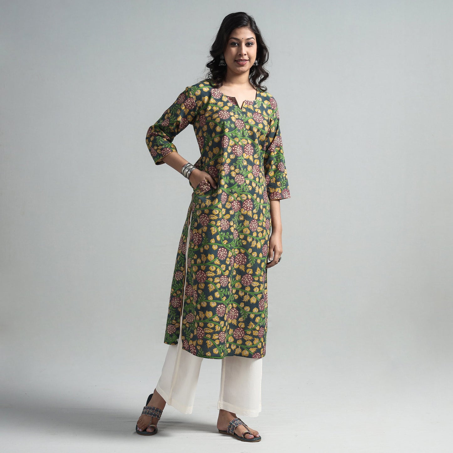 Sea green - kalamkari printed cotton a-line long kurta
