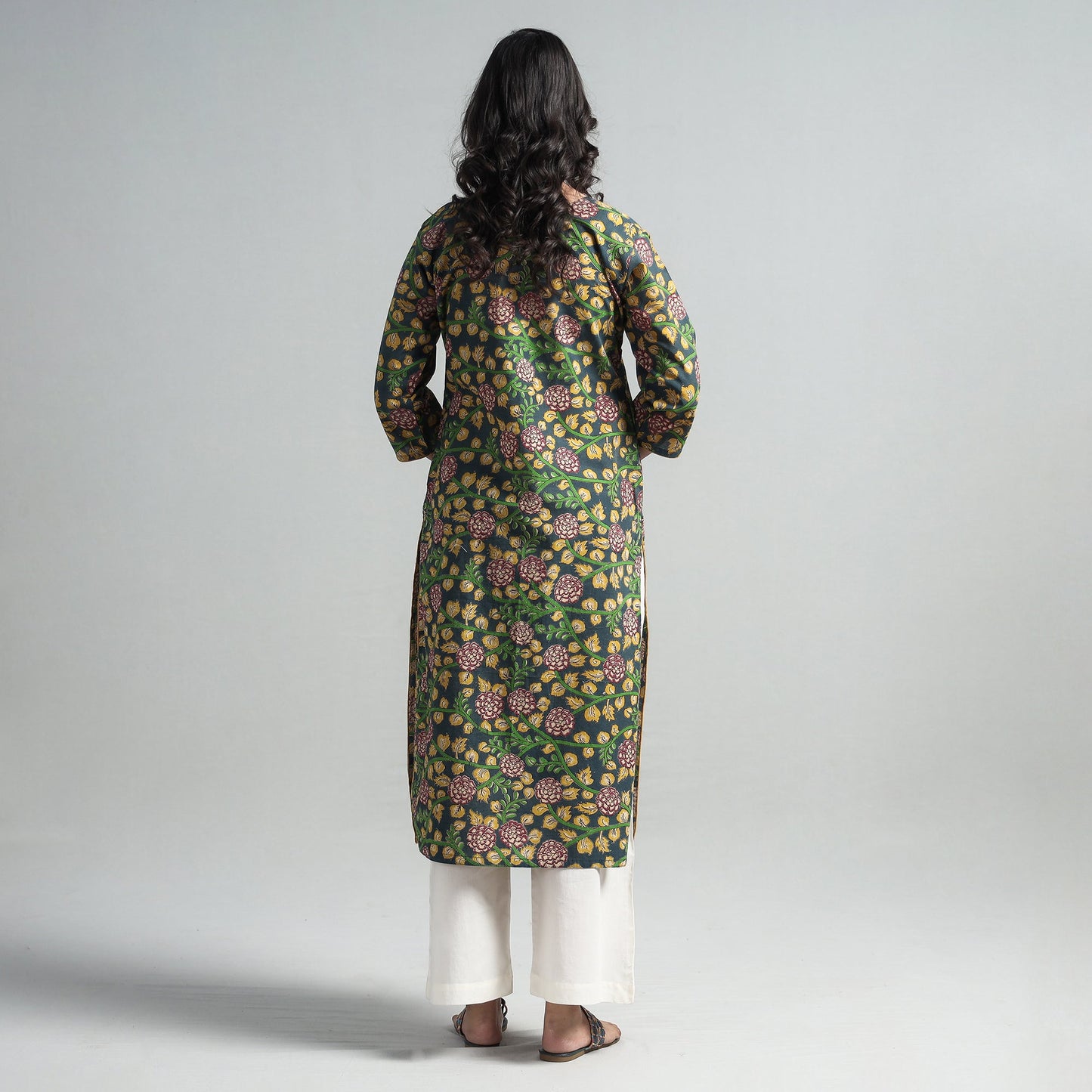 Sea green - kalamkari printed cotton a-line long kurta
