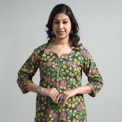 Sea green - kalamkari printed cotton a-line long kurta