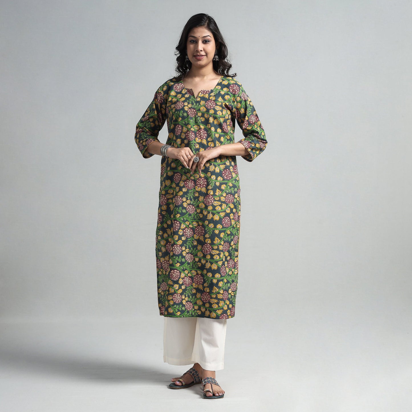 Sea green - kalamkari printed cotton a-line long kurta