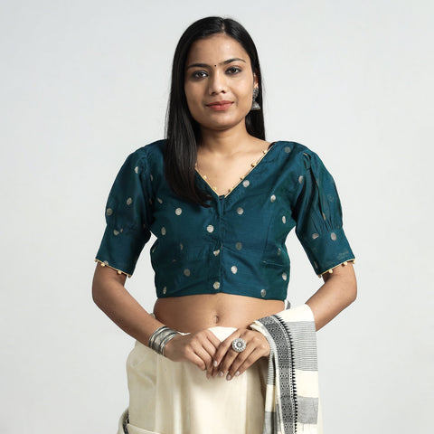 Buy Polka Dot Zari Buti Viscose Silk Stitched V Neck Blouse Online at iTokri.com