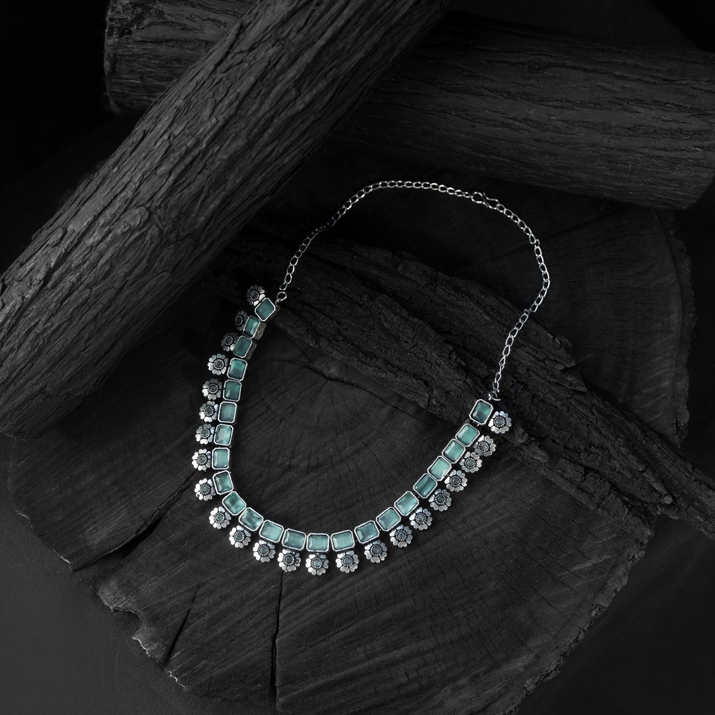 Sea green - saanjh bela blossom oxidised necklace set