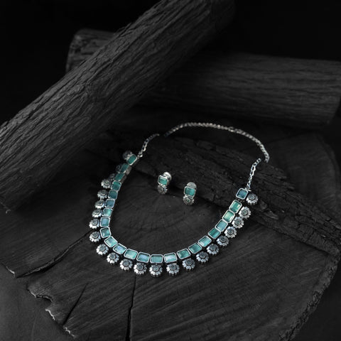 Sea green - saanjh bela blossom oxidised necklace set