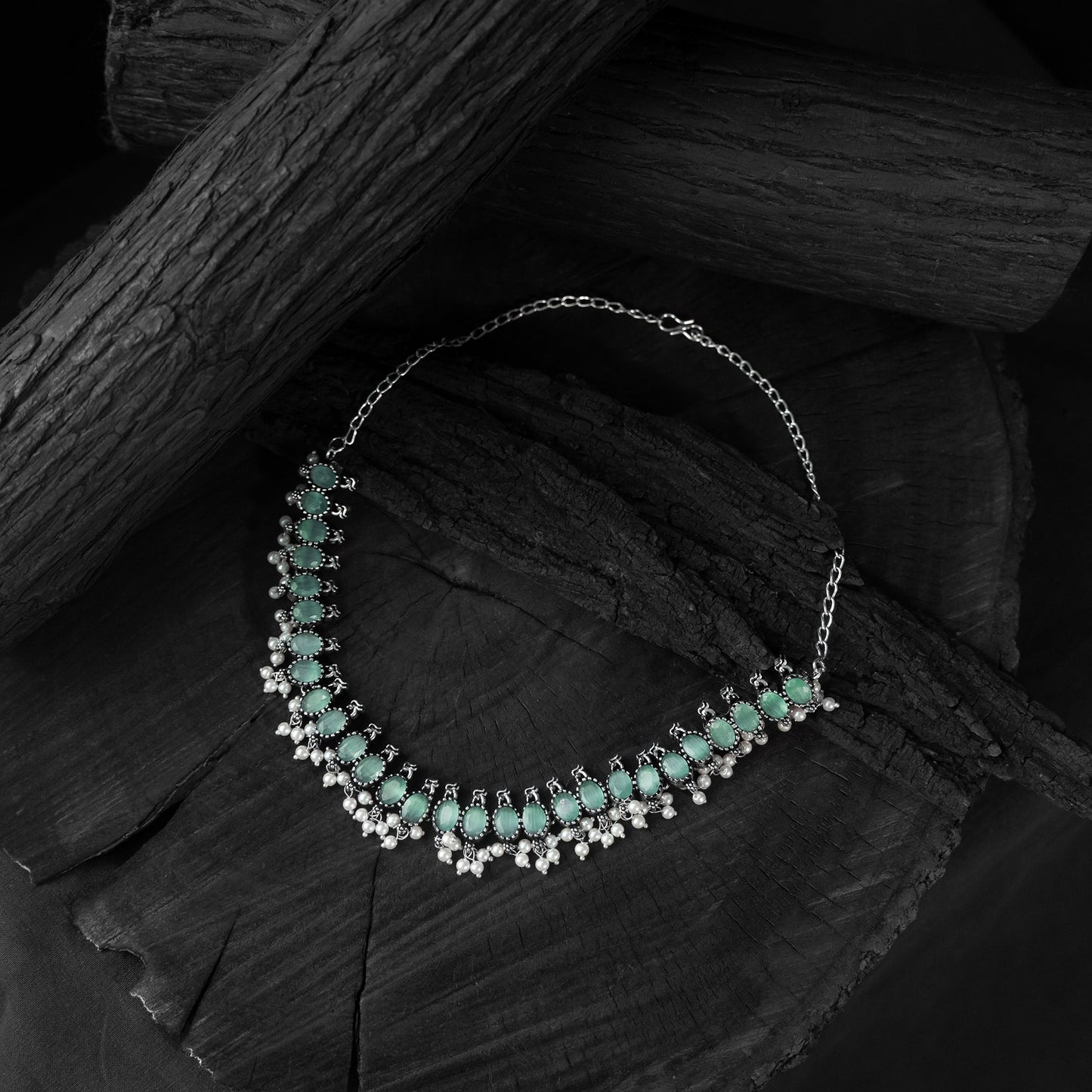 Sea green - saanjh bela oval oxidised necklace set
