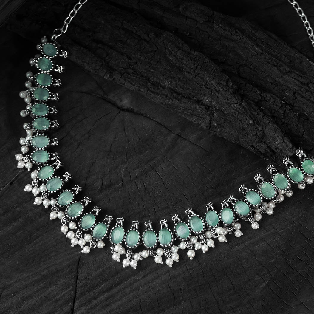 Sea green - saanjh bela oval oxidised necklace set