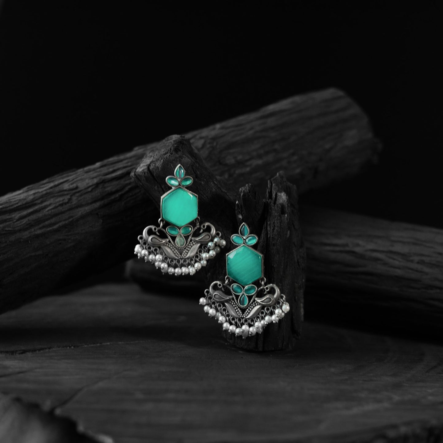 Sea green - saanjh bela peacock oxidised earrings