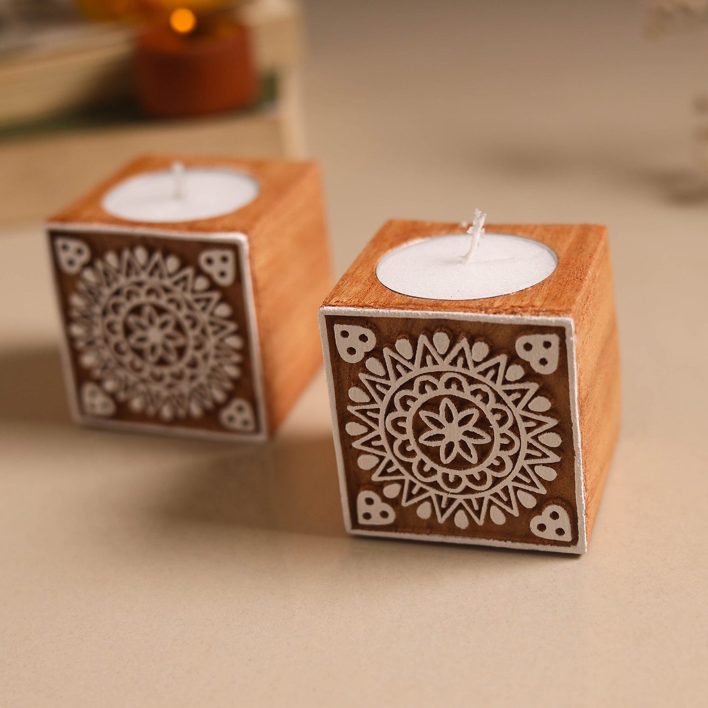 Set of 2 hand carved bakayan wood tealight candle holder 05
