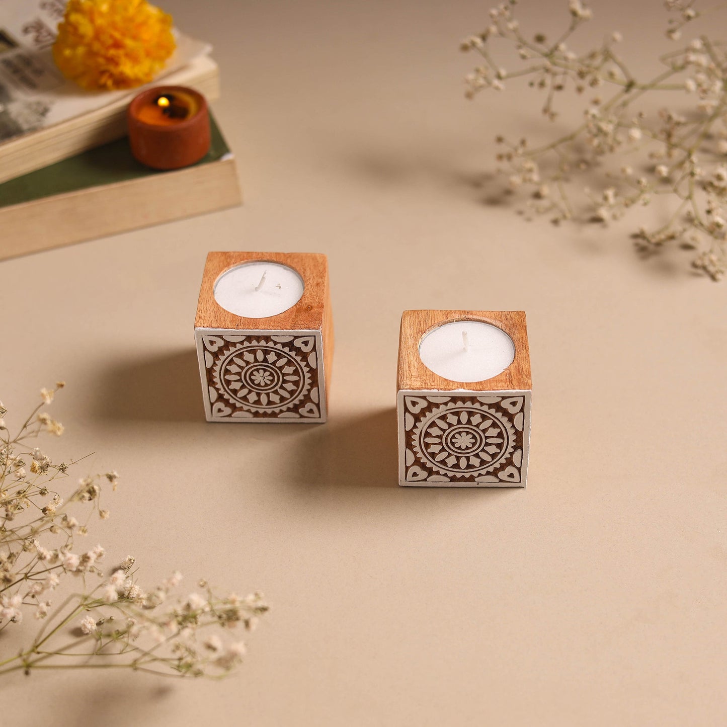 Set of 2 hand carved bakayan wood tealight candle holder 07