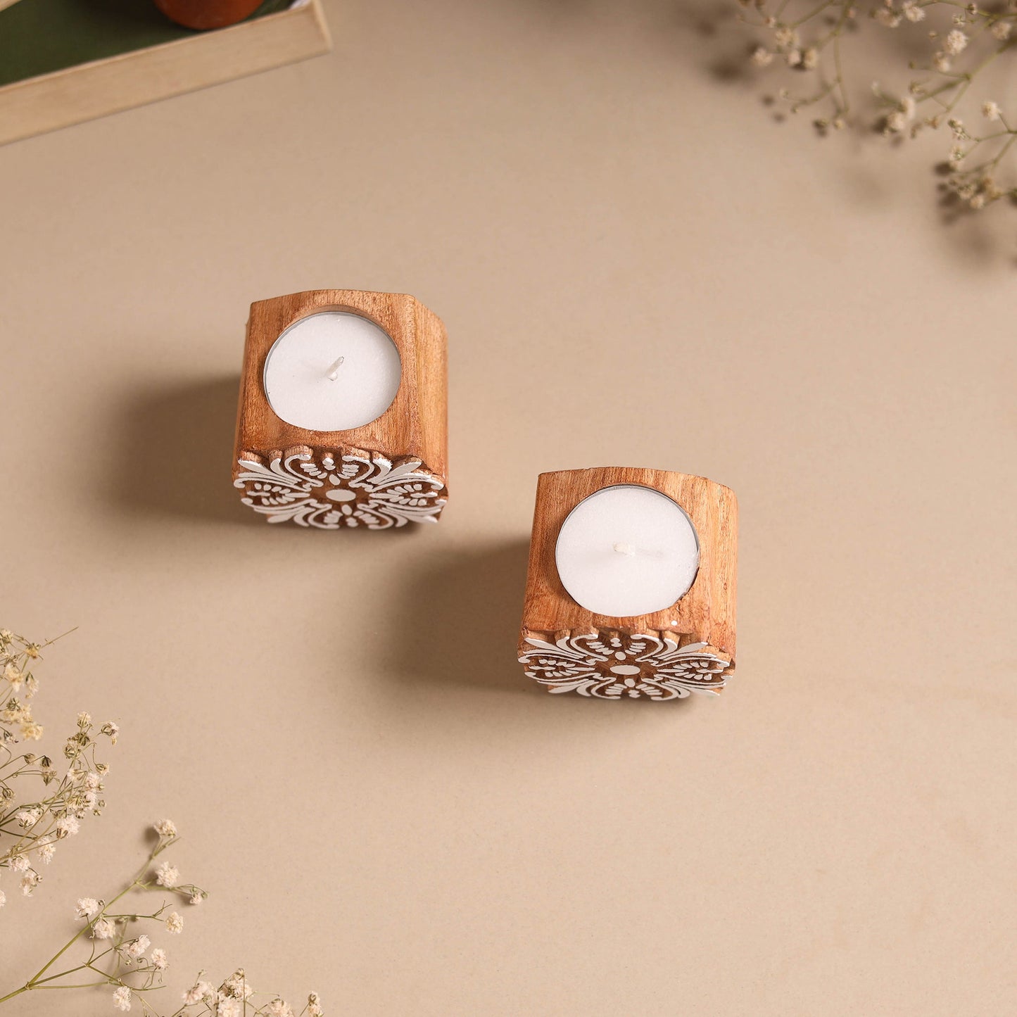 Set of 2 hand carved bakayan wood tealight candle holder 11