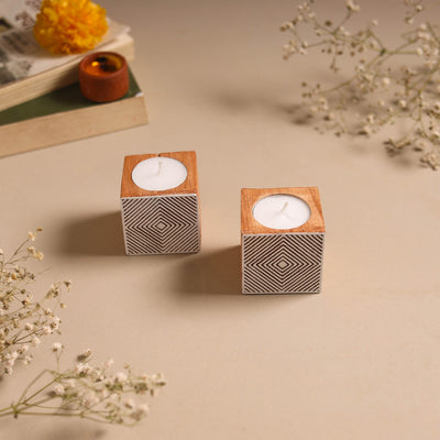 Set of 2 hand carved bakayan wood tealight candle holder 12