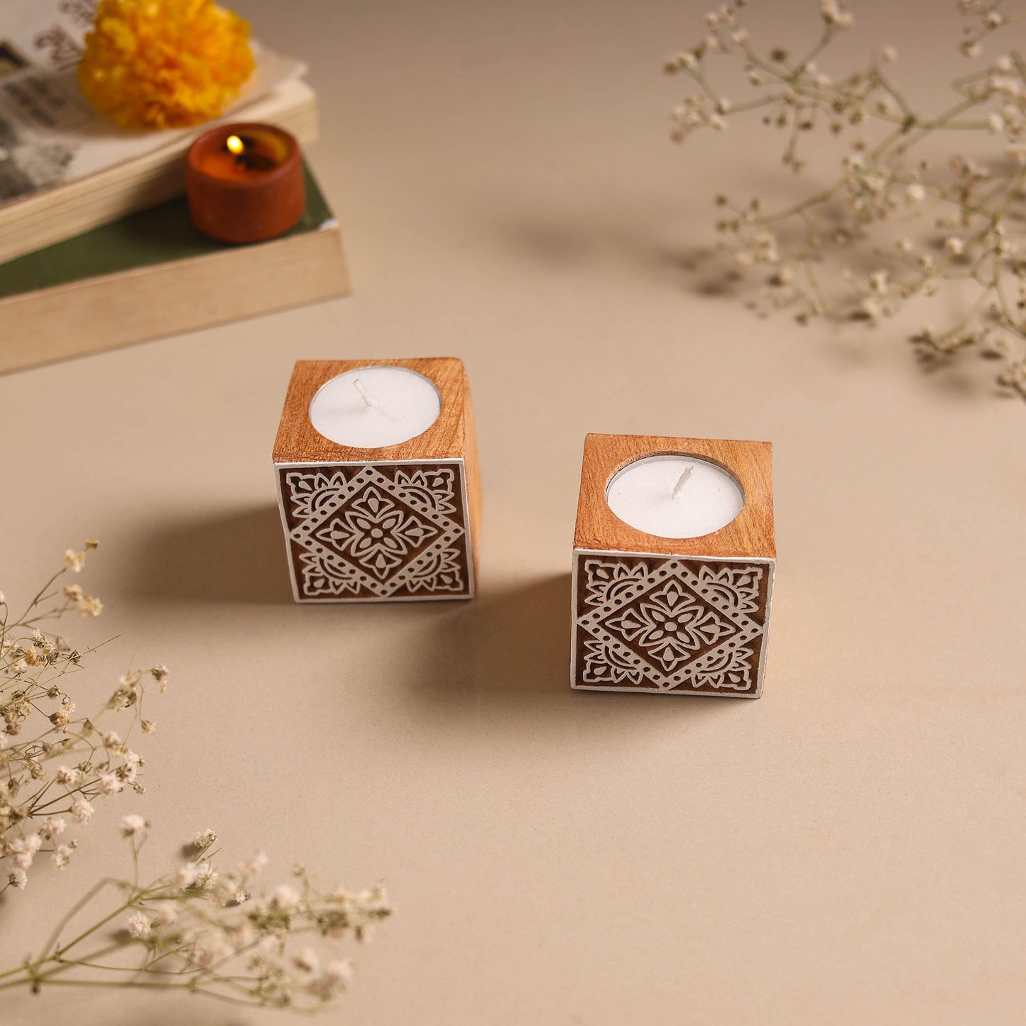 Set of 2 hand carved bakayan wood tealight candle holder 13