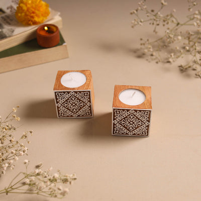 Set of 2 hand carved bakayan wood tealight candle holder 13