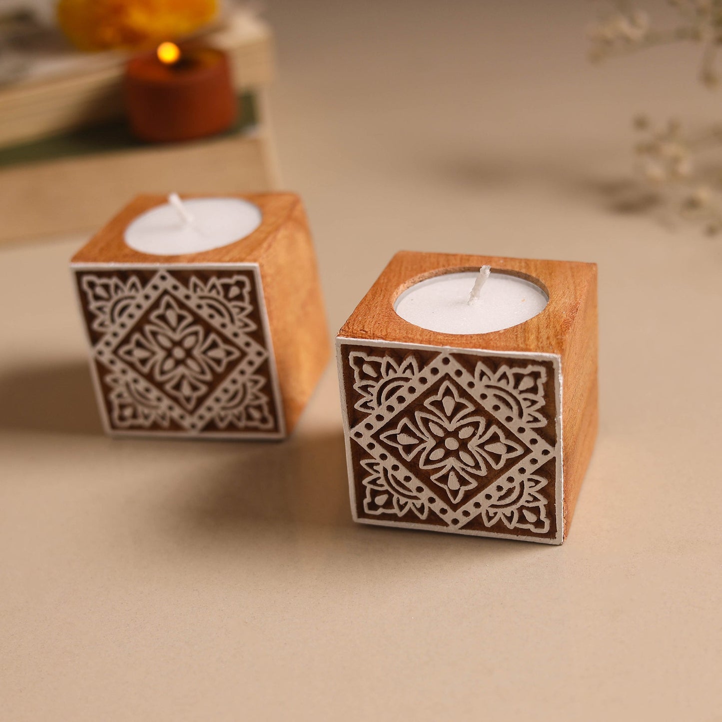 Set of 2 hand carved bakayan wood tealight candle holder 13