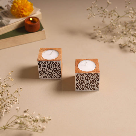 Set of 2 hand carved bakayan wood tealight candle holder 14