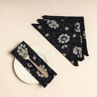 Set of 4 - Black Bagru Block Printed Cotton Table Napkins