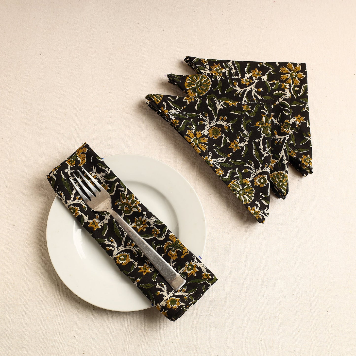  Set of 4 - Black Bagru Block Printed Cotton Table Napkins
