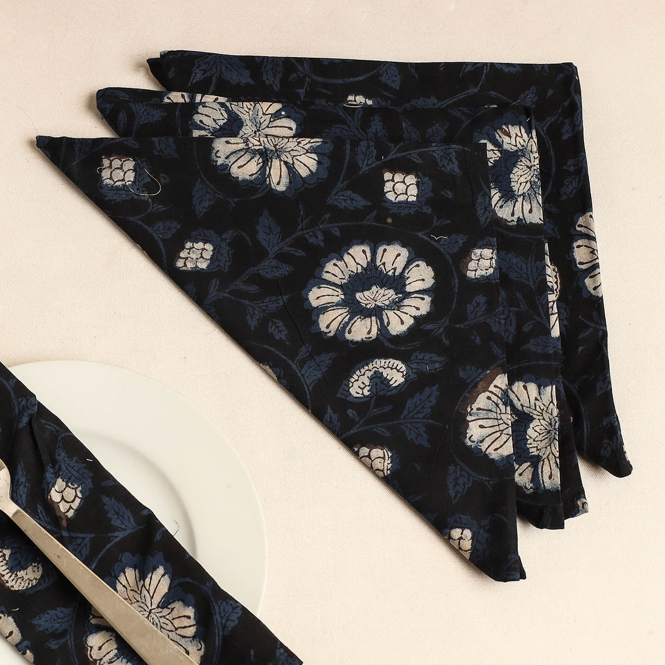 Set of 4 - Black Bagru Block Printed Cotton Table Napkins