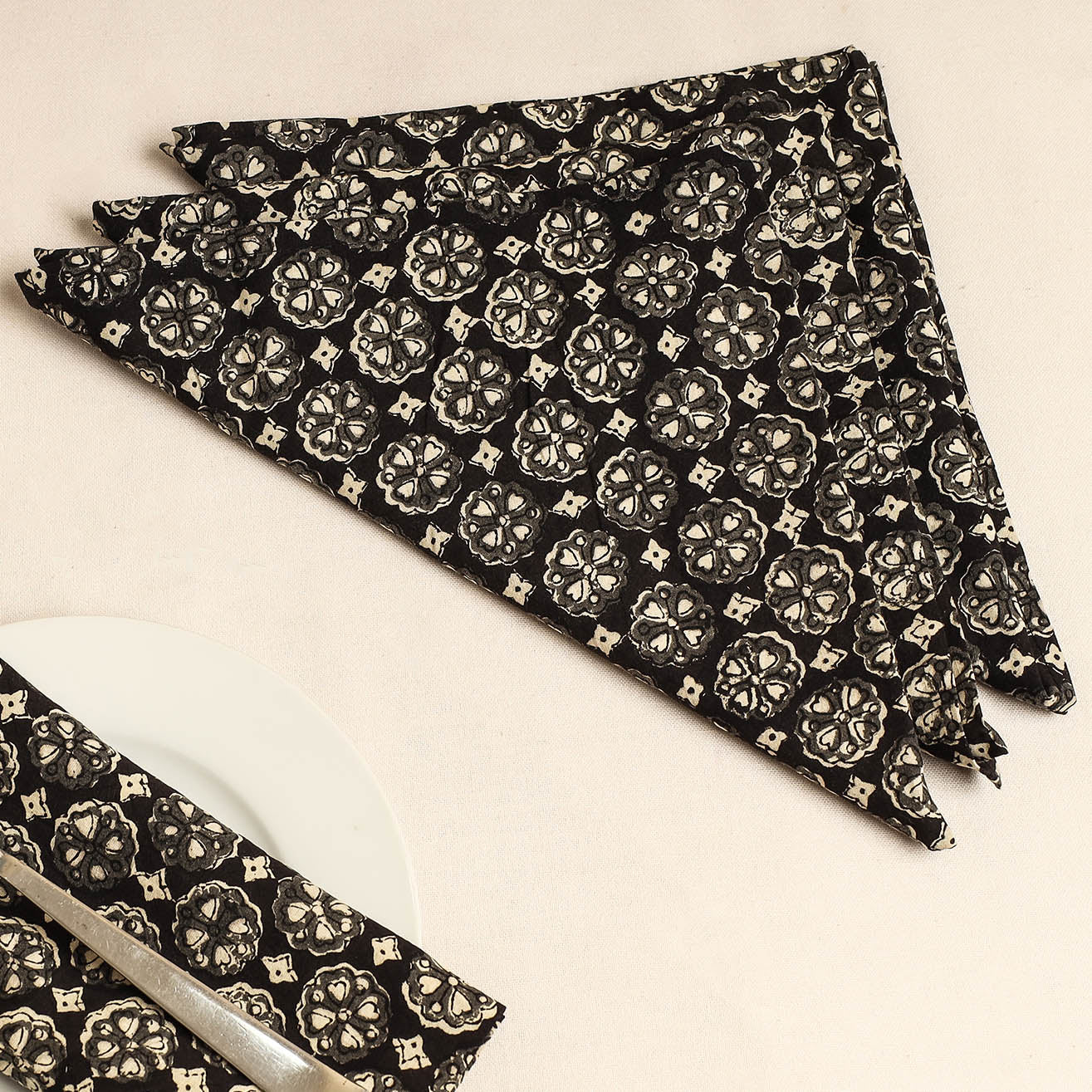 Set of 4 - Black Bagru Block Printed Cotton Table Napkins