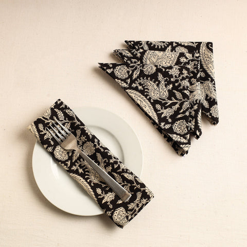  Set of 4 - Black Bagru Block Printed Cotton Table Napkins