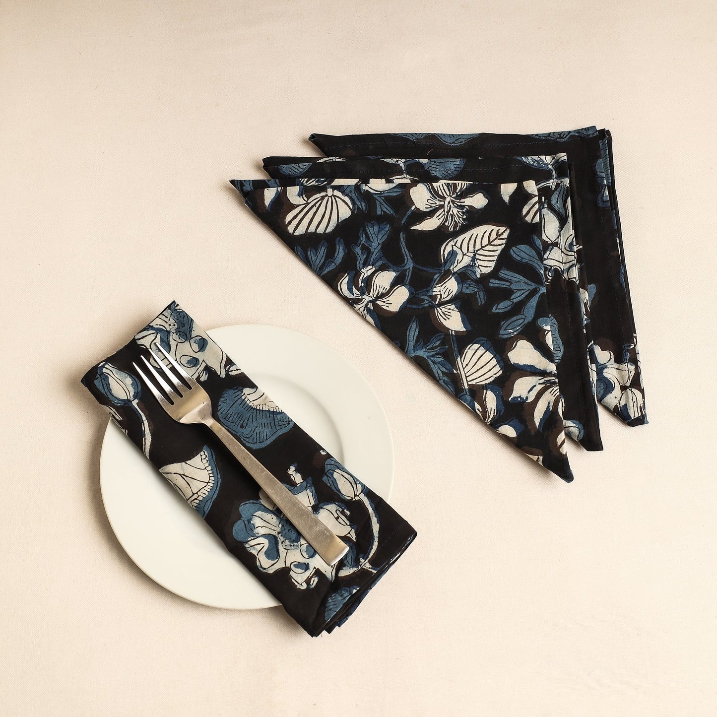  Set of 4 - Black Bagru Block Printed Cotton Table Napkins