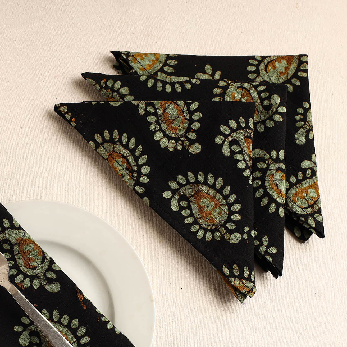  Set of 4 - Black Hand Batik Printed Cotton Table Napkins