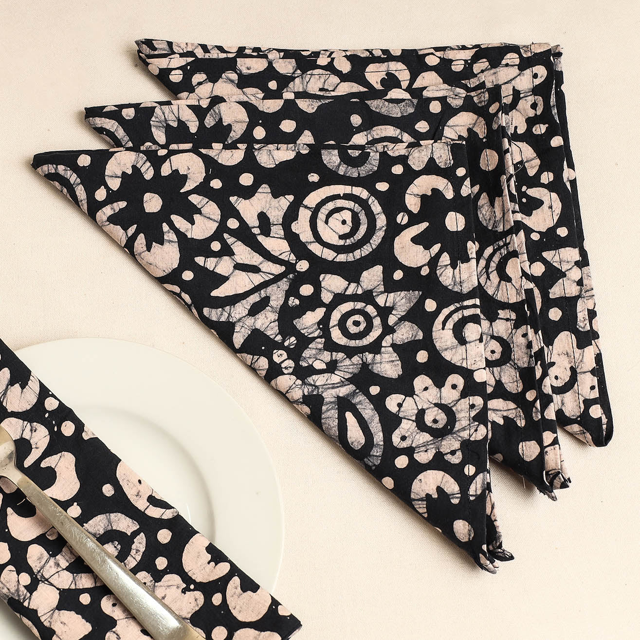  Set of 4 - Black Hand Batik Printed Cotton Table Napkins