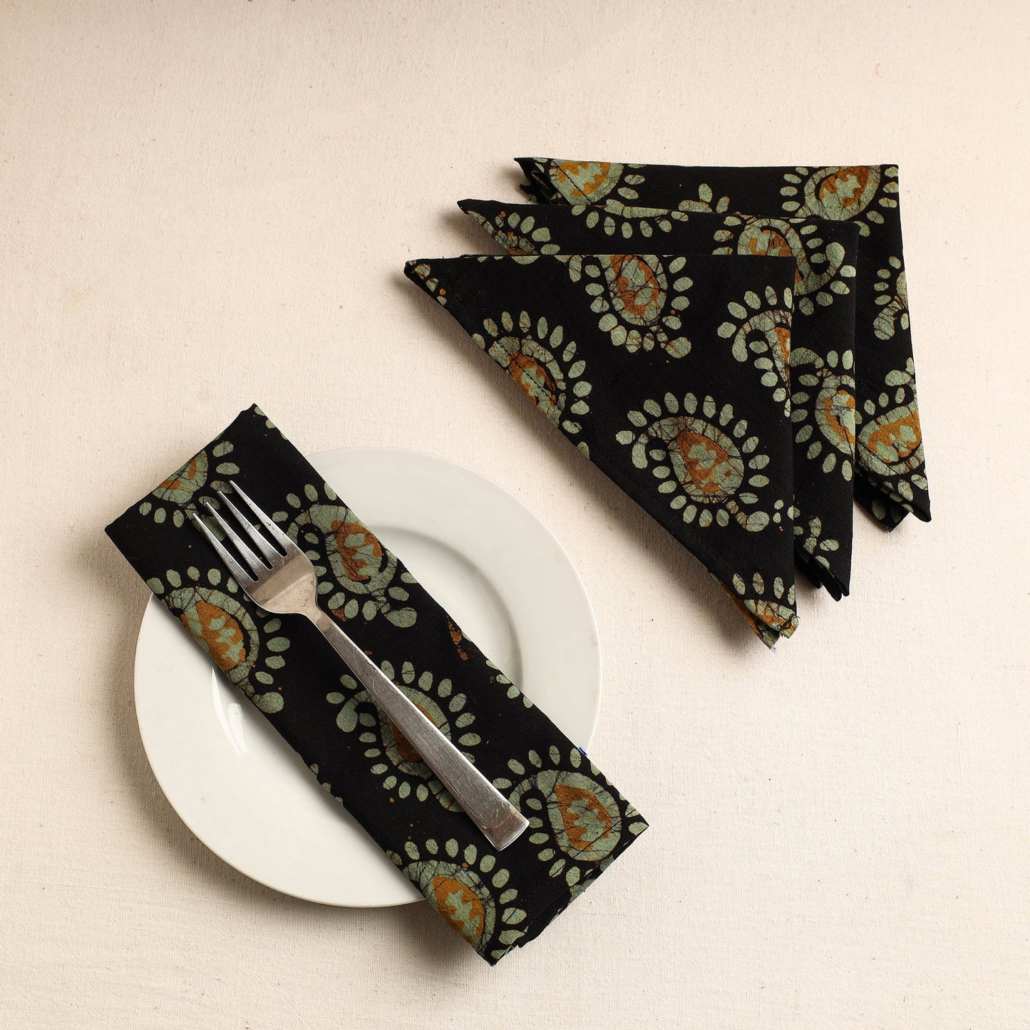  Set of 4 - Black Hand Batik Printed Cotton Table Napkins
