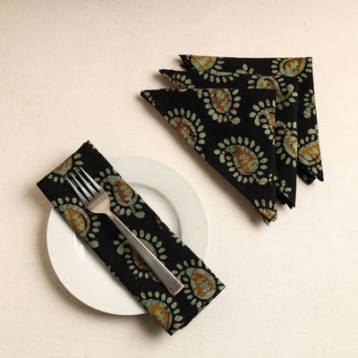  Set of 4 - Black Hand Batik Printed Cotton Table Napkins