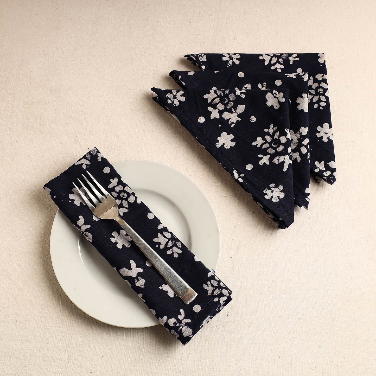 Set of 4 - Black Hand Batik Printed Cotton Table Napkins