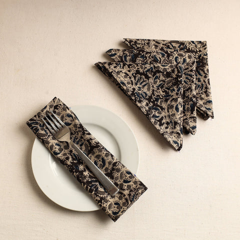Set of 4 - Black Kalamkari Block Printed Cotton Table Napkins