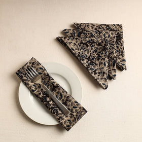Set of 4 - Black Kalamkari Block Printed Cotton Table Napkins
