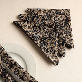 Set of 4 - Black Kalamkari Block Printed Cotton Table Napkins