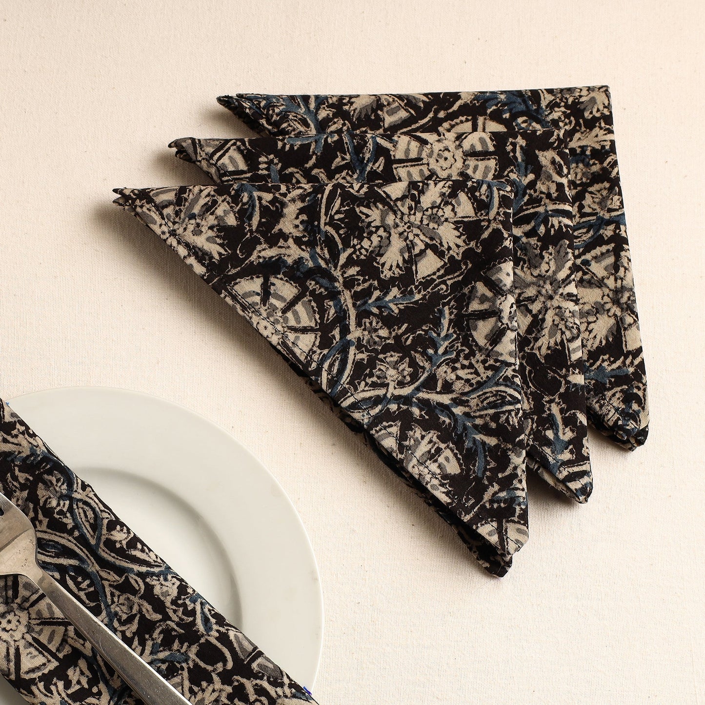 Set of 4 - Black Kalamkari Block Printed Cotton Table Napkins
