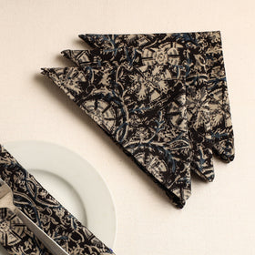 Set of 4 - Black Kalamkari Block Printed Cotton Table Napkins