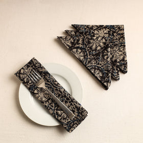 Set of 4 - Black Kalamkari Block Printed Cotton Table Napkins