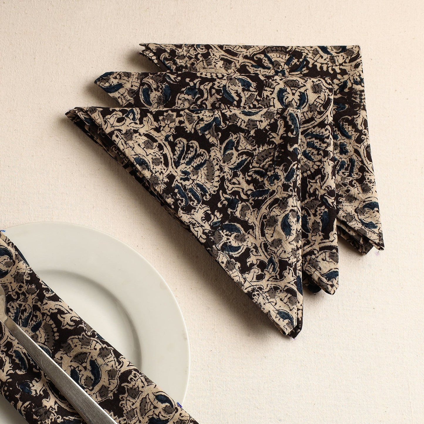 Set of 4 - Black Kalamkari Block Printed Cotton Table Napkins