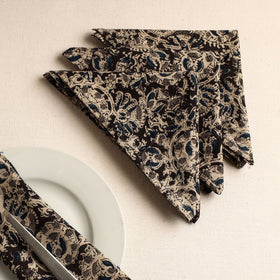 Set of 4 - Black Kalamkari Block Printed Cotton Table Napkins