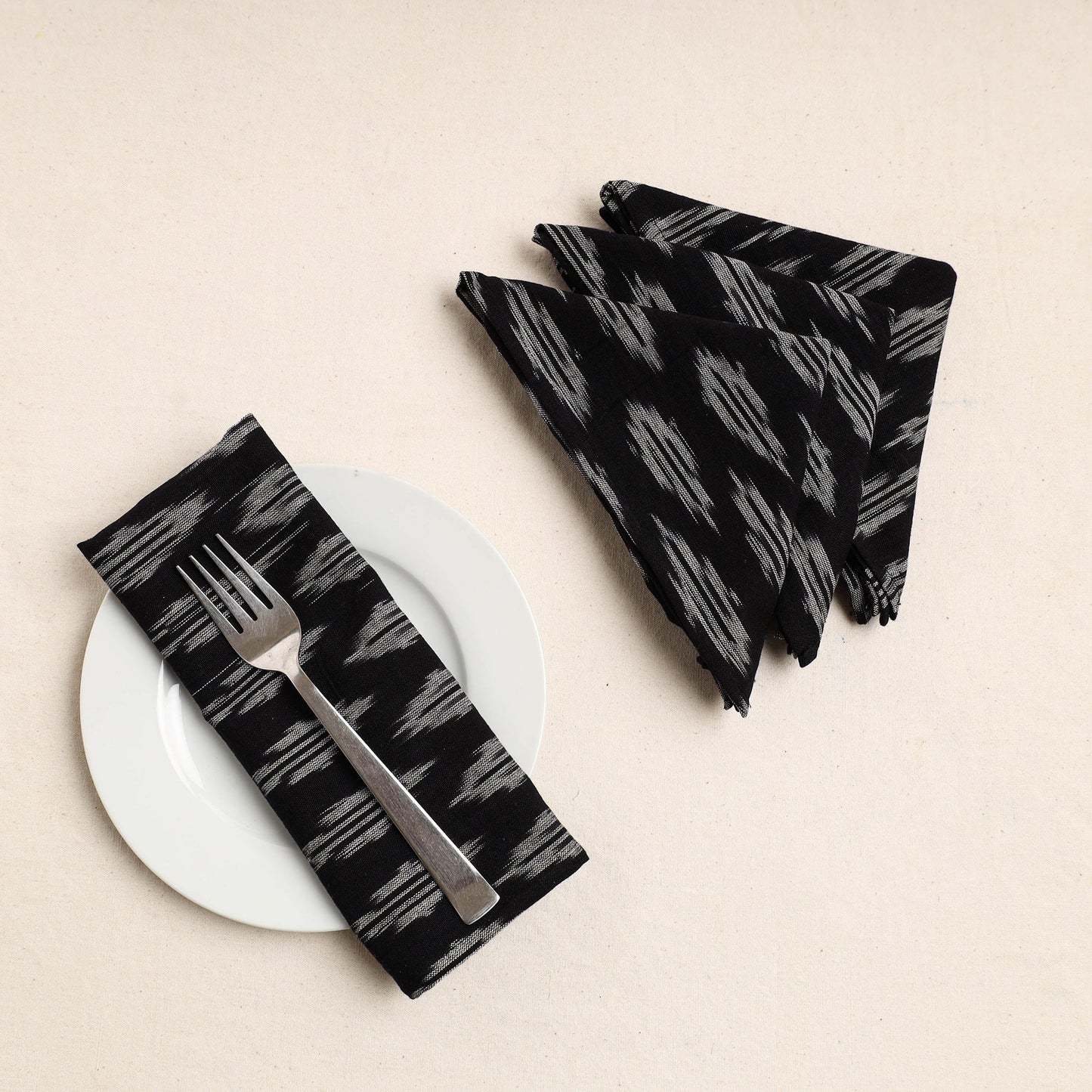 Set of 4 - Black Pochampally Ikat Weave Cotton Table Napkins