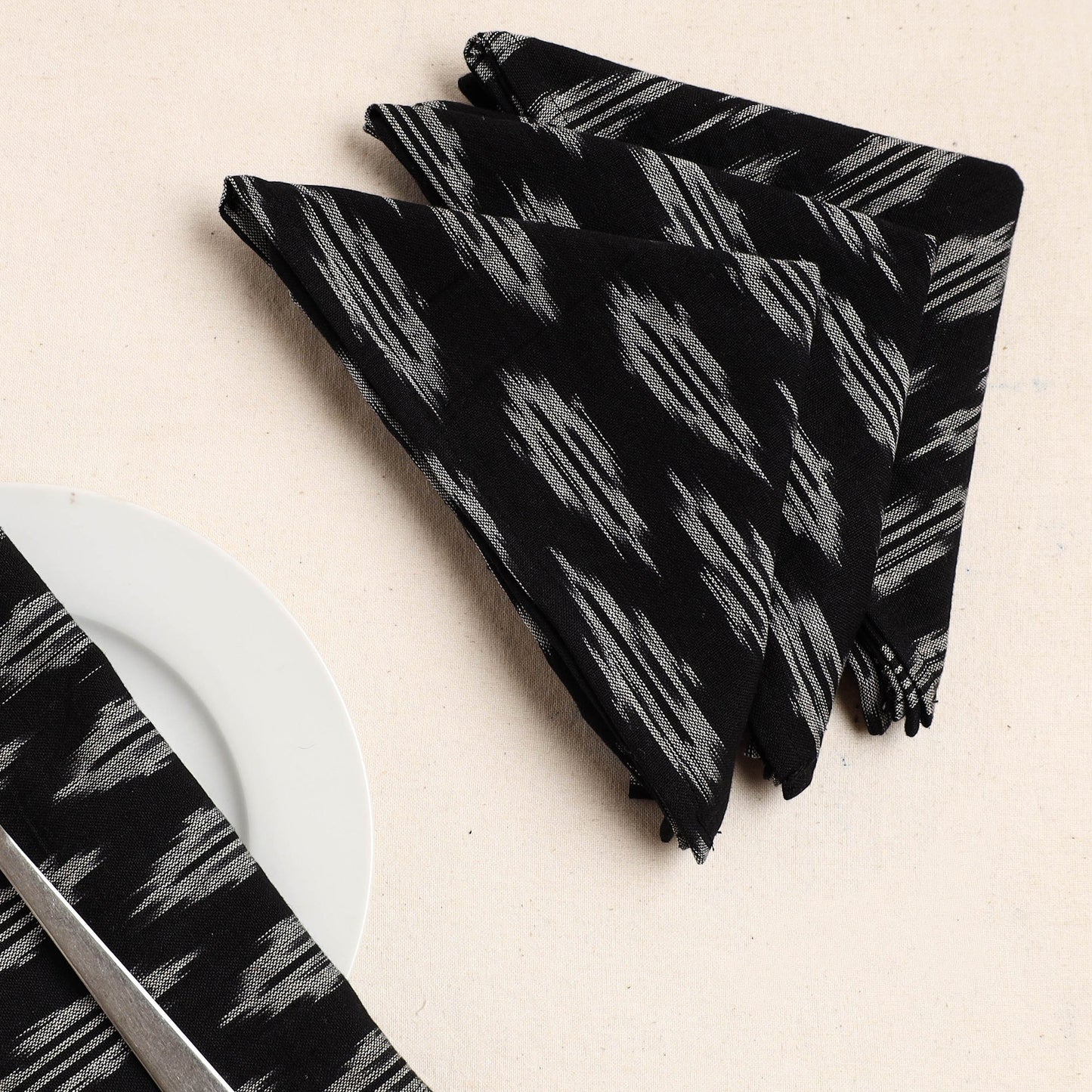 Set of 4 - Black Pochampally Ikat Weave Cotton Table Napkins
