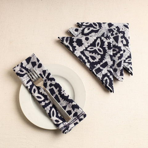 Set of 4 - Blue Hand Batik Printed Cotton Table Napkins