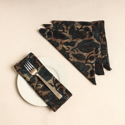  Set of 4 - Brown Bagru Block Printed Cotton Table Napkins