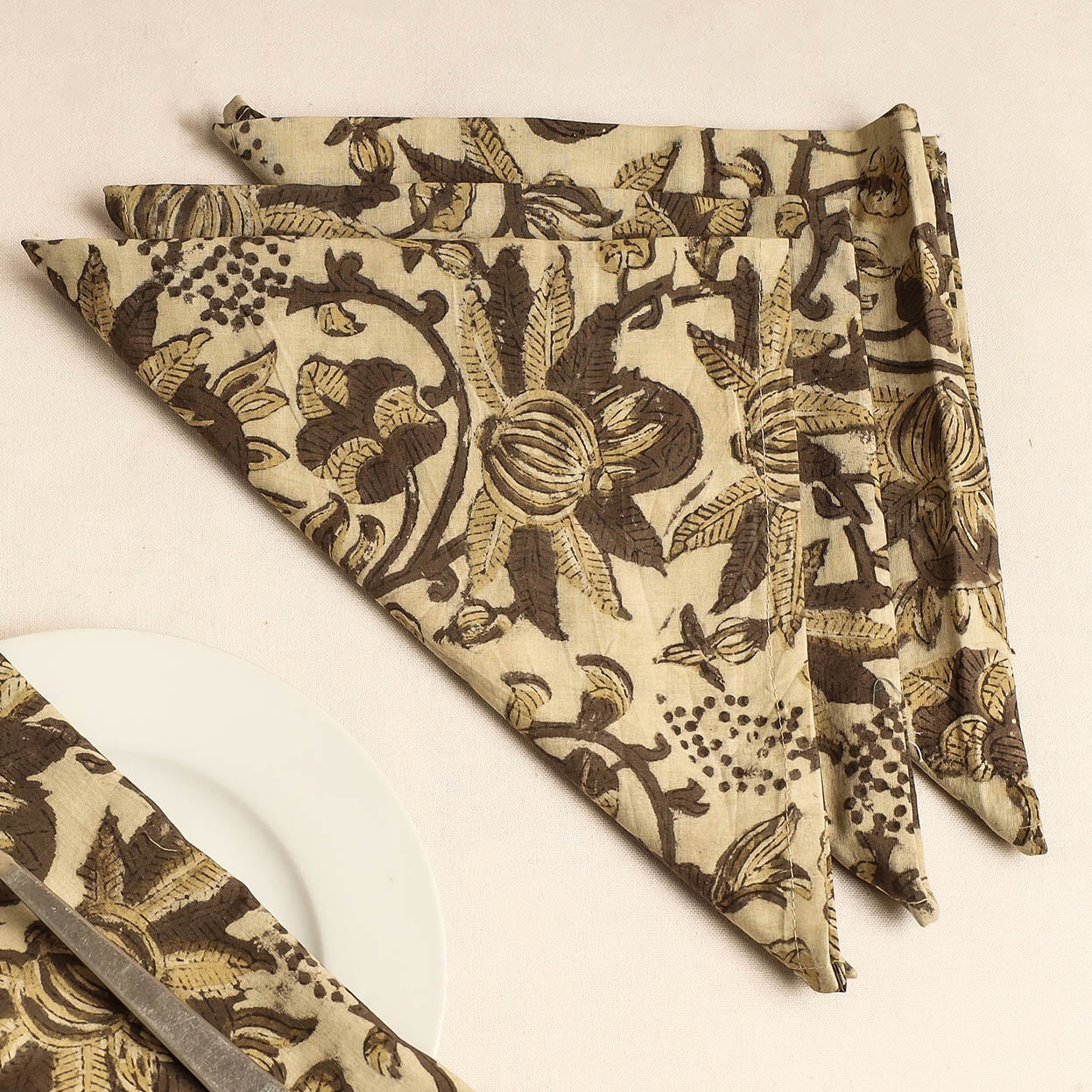  Set of 4 - Brown Bagru Block Printed Cotton Table Napkins