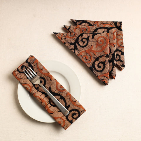 Set of 4 - Brown Hand Batik Printed Cotton Table Napkins