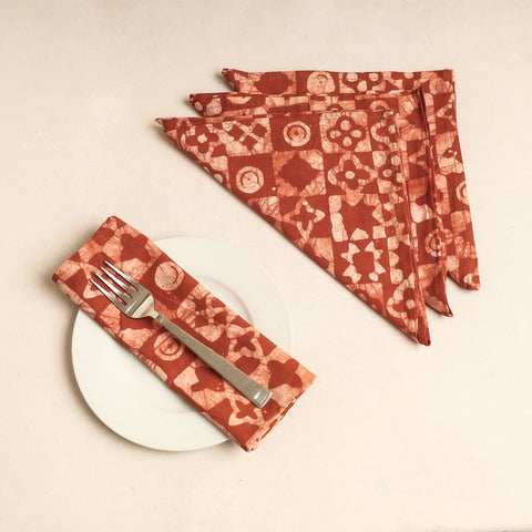  Set of 4 - Brown Hand Batik Printed Cotton Table Napkins