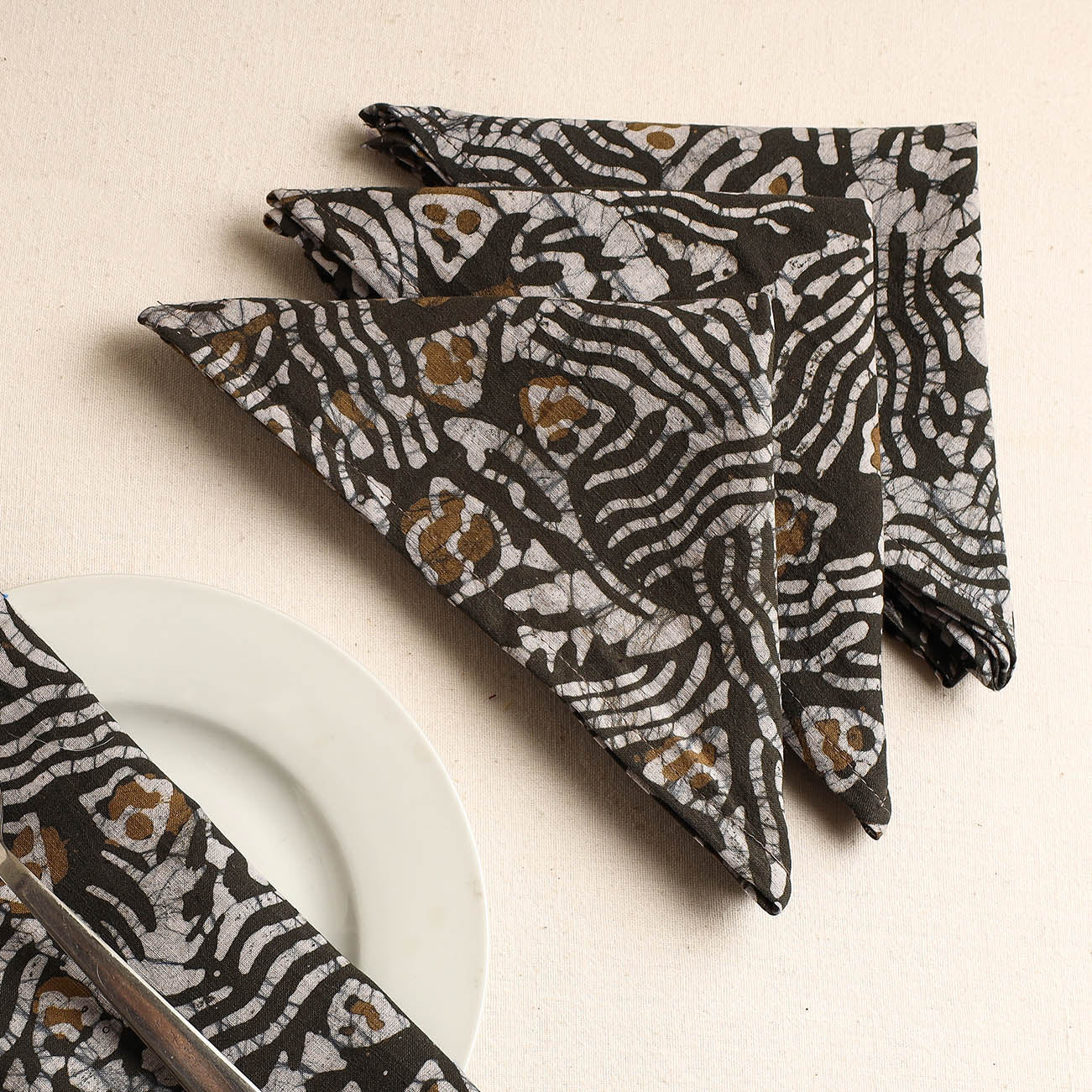 Set of 4 - Brown Hand Batik Printed Cotton Table Napkins