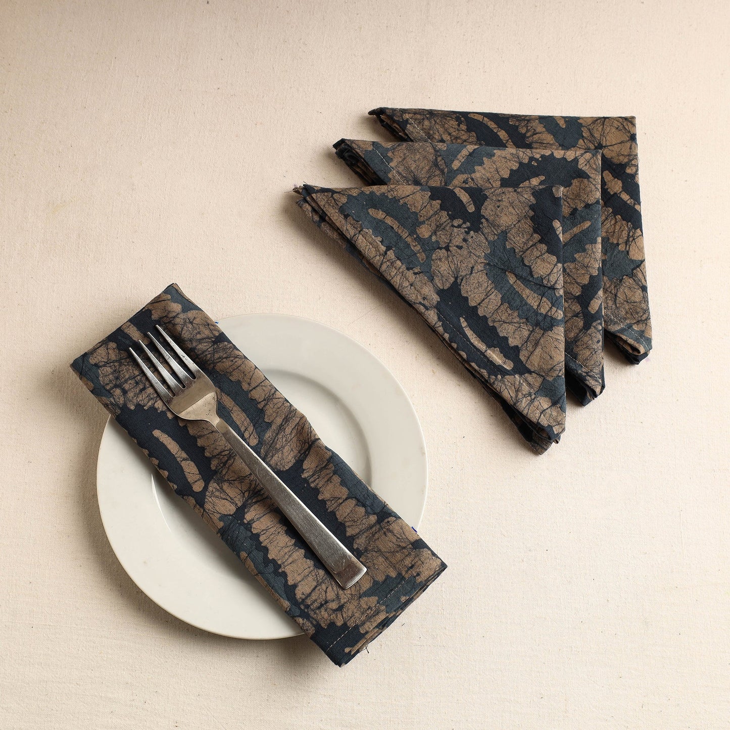 Set of 4 - Brown Hand Batik Printed Cotton Table Napkins