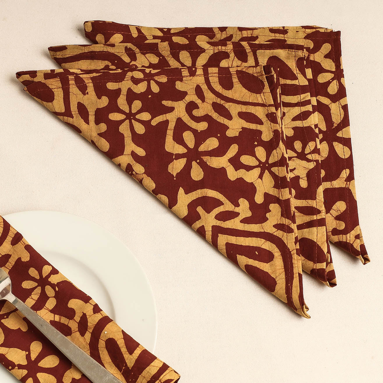  Brown Set of 4 - Hand Batik Printed Cotton Table Napkins