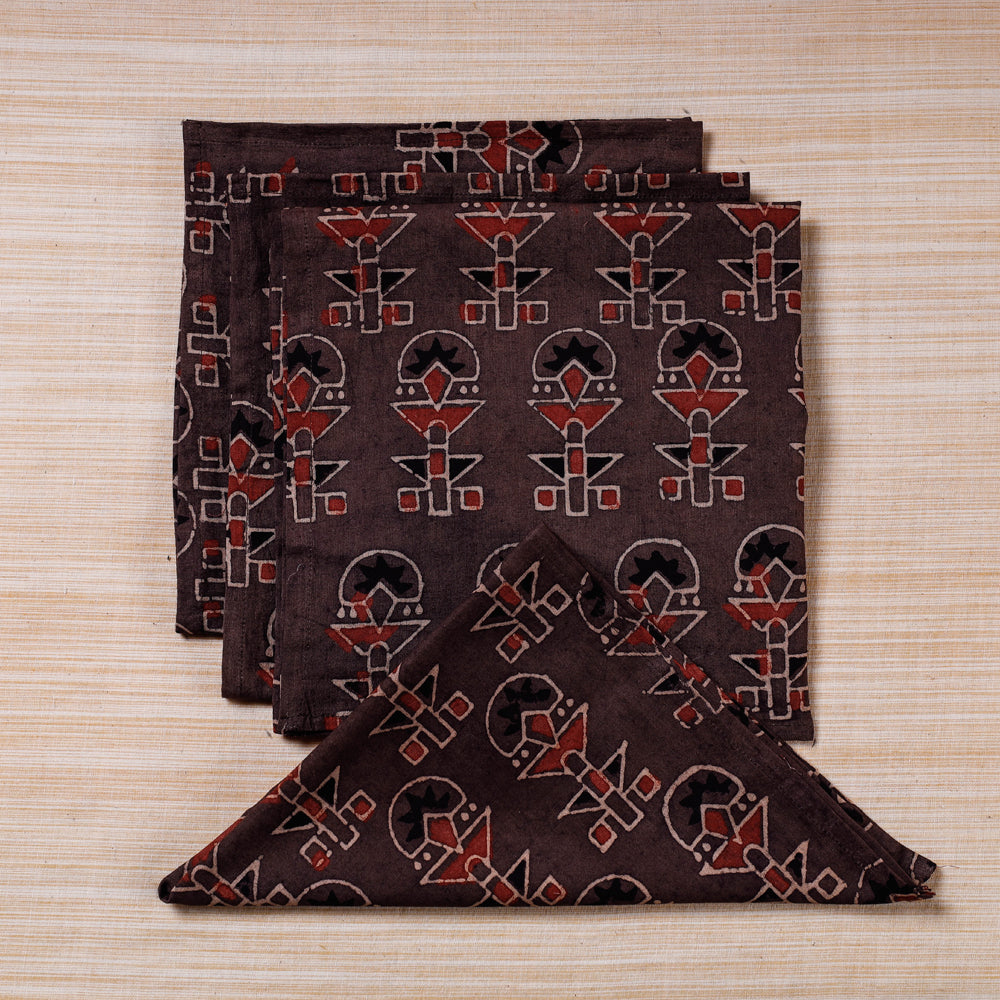  Brown Hand Block Prints Cotton Table Napkin