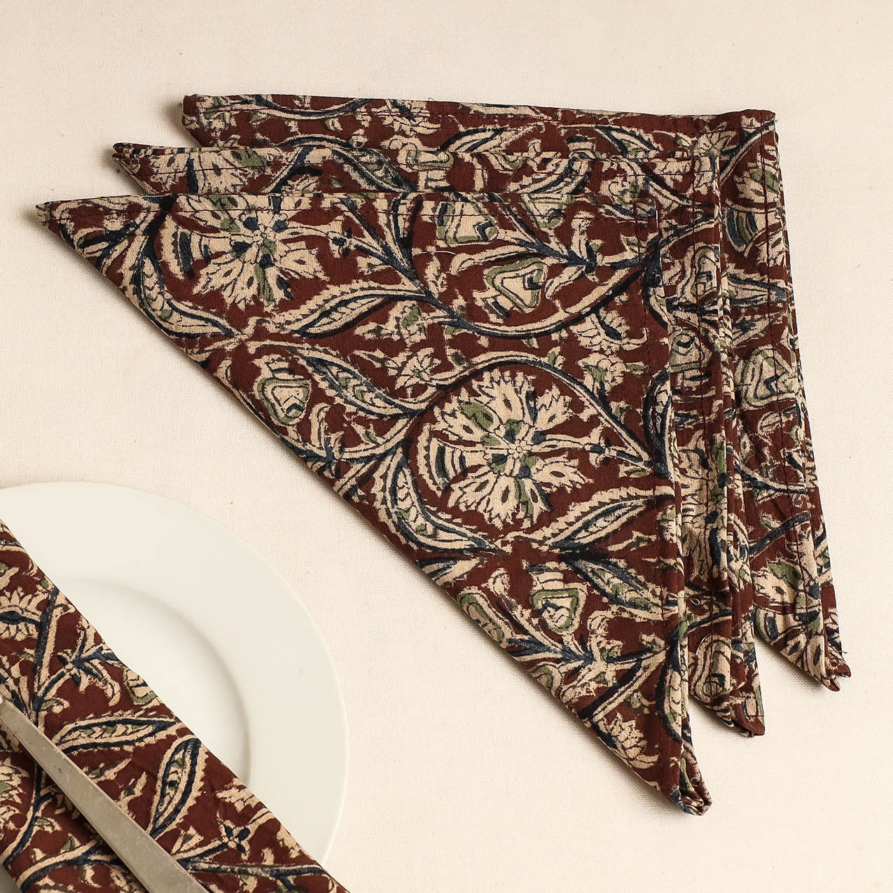 Set of 4 - Brown Kalamkari Block Printed Cotton Table Napkins