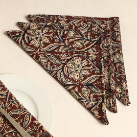 Set of 4 - Brown Kalamkari Block Printed Cotton Table Napkins